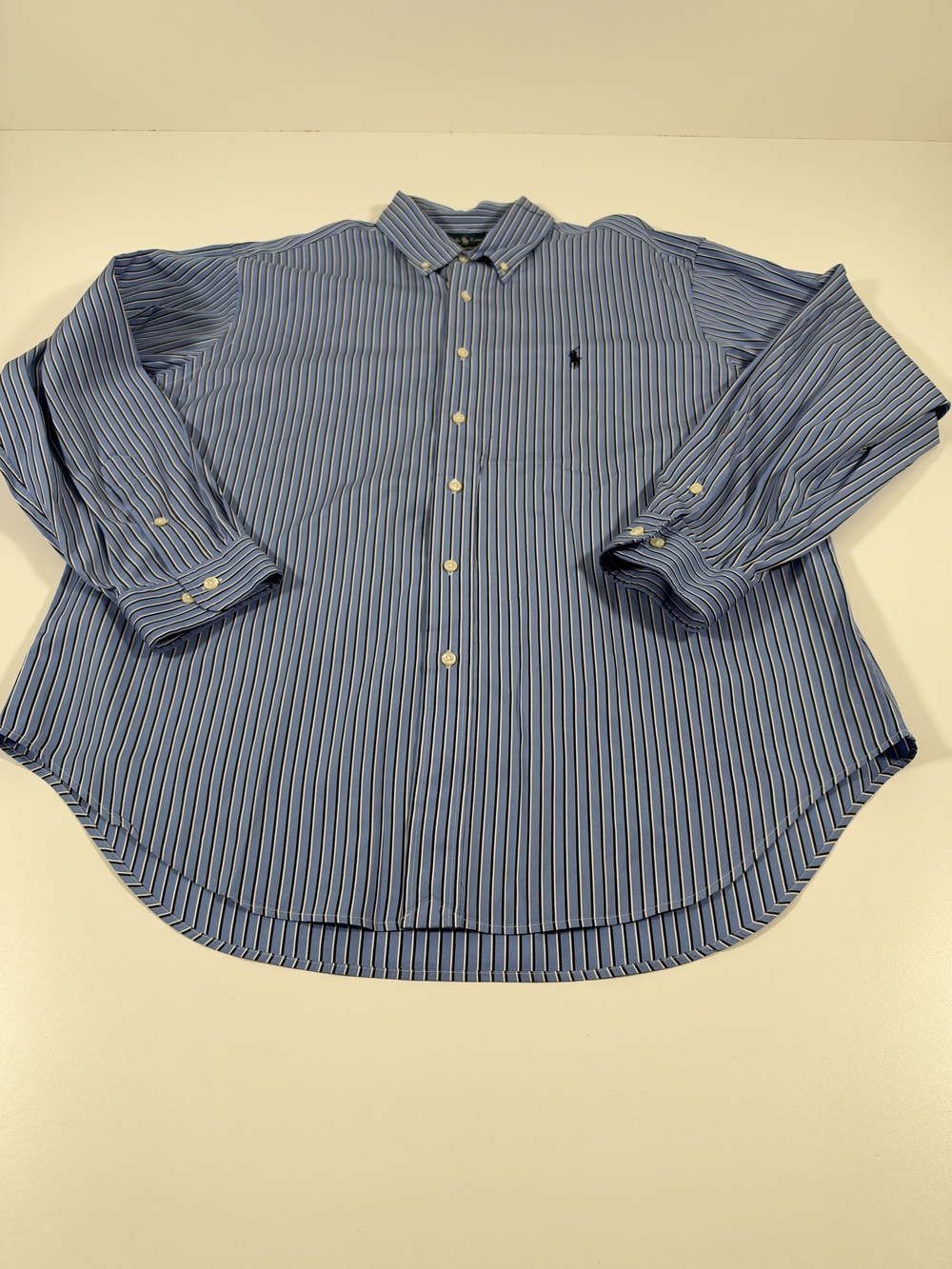 Ralph Lauren Dress Shirt Mens 17.5 34/35 Blue Stripe Classic Fit Long Sleeve